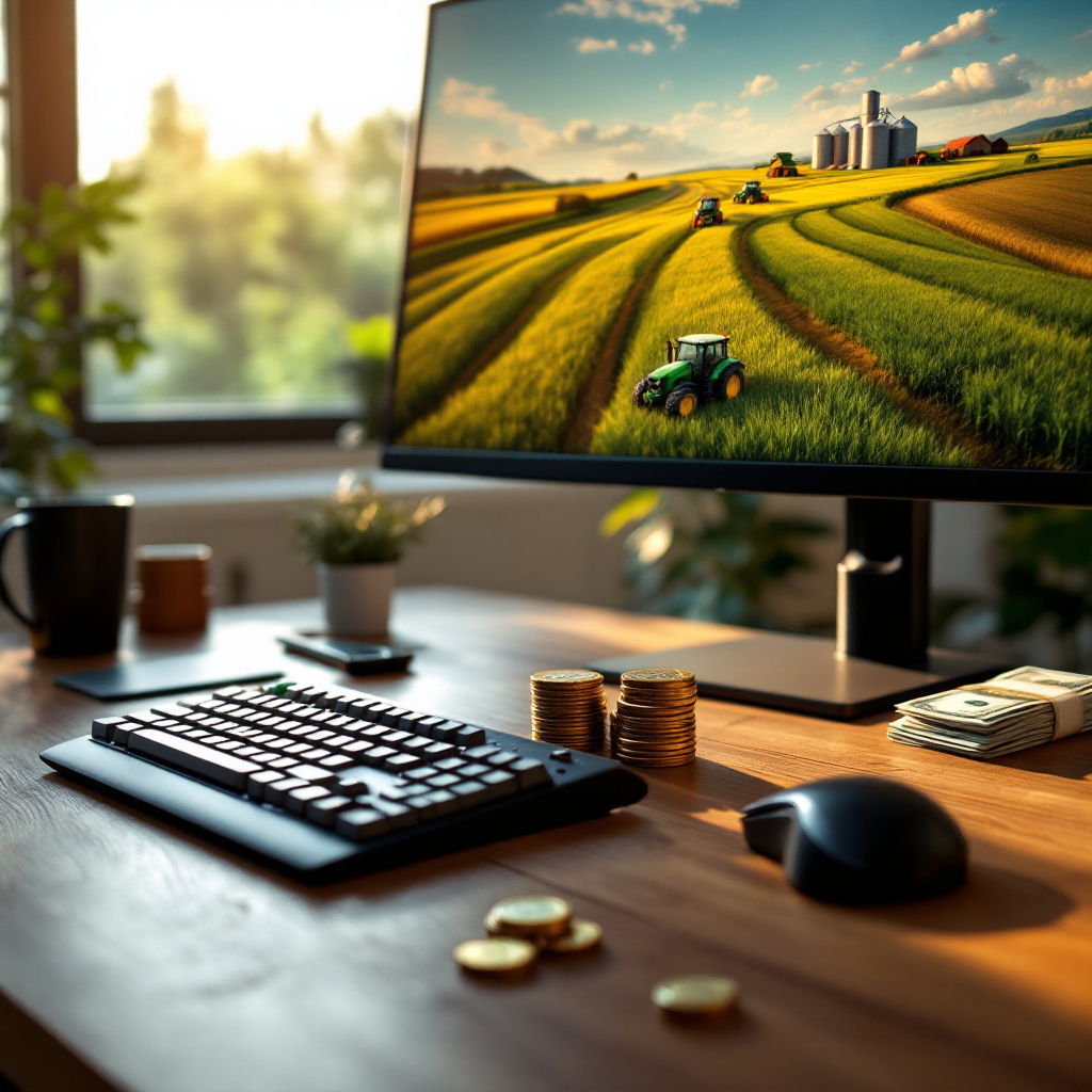 Wie verdient man schnell Geld im Landwirtschafts Simulator – Gaming-Setup mit Farmspiel und Münzen